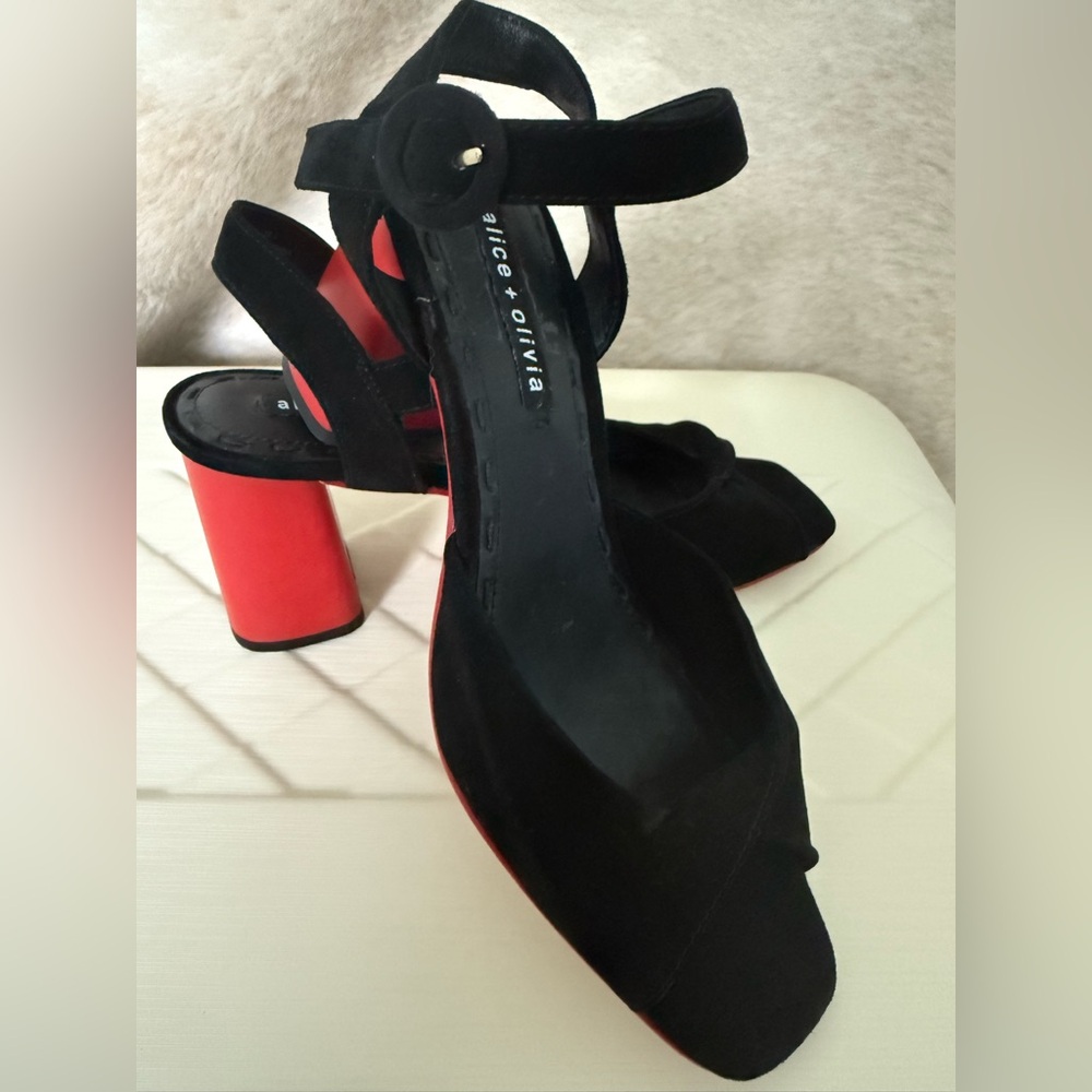 NEW! Alice + Olivia black suede red heel block ankle strap shoes sandals - Picture 3 of 8